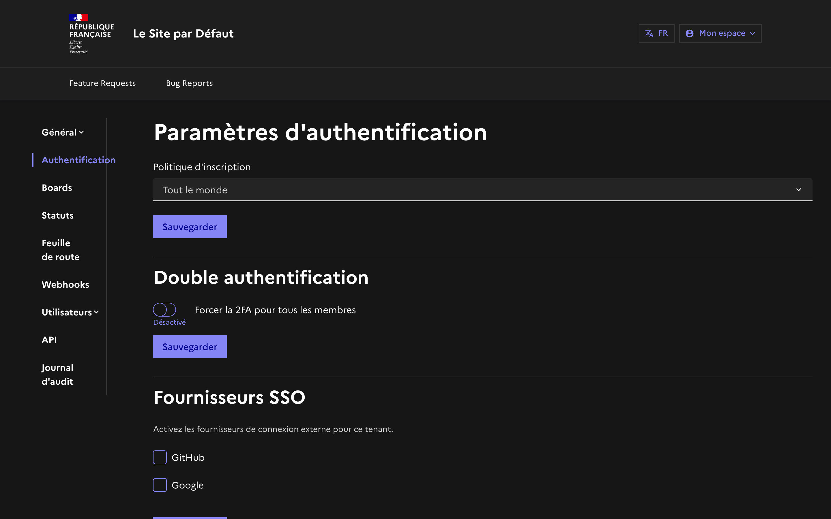 Paramètres d'authentification