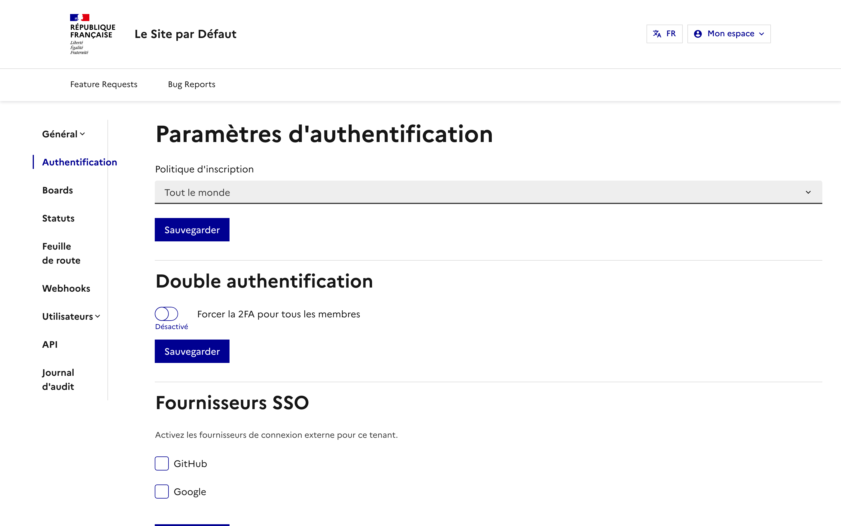 Paramètres d'authentification